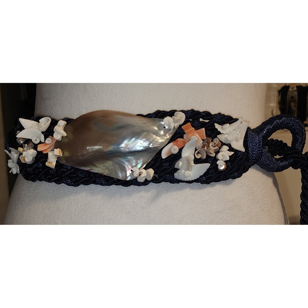 Vintage Navy Braided Rope Belt with Abalone Shell Mixed Sea Shell Size S